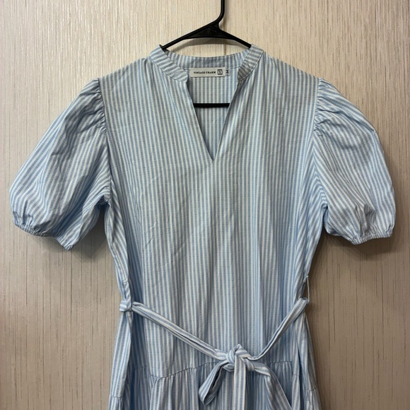 Chic Vintage Charm Cottagecore Pinstripe Tiered Tie-Waist Midi Dress M - Picture 5 of 8
